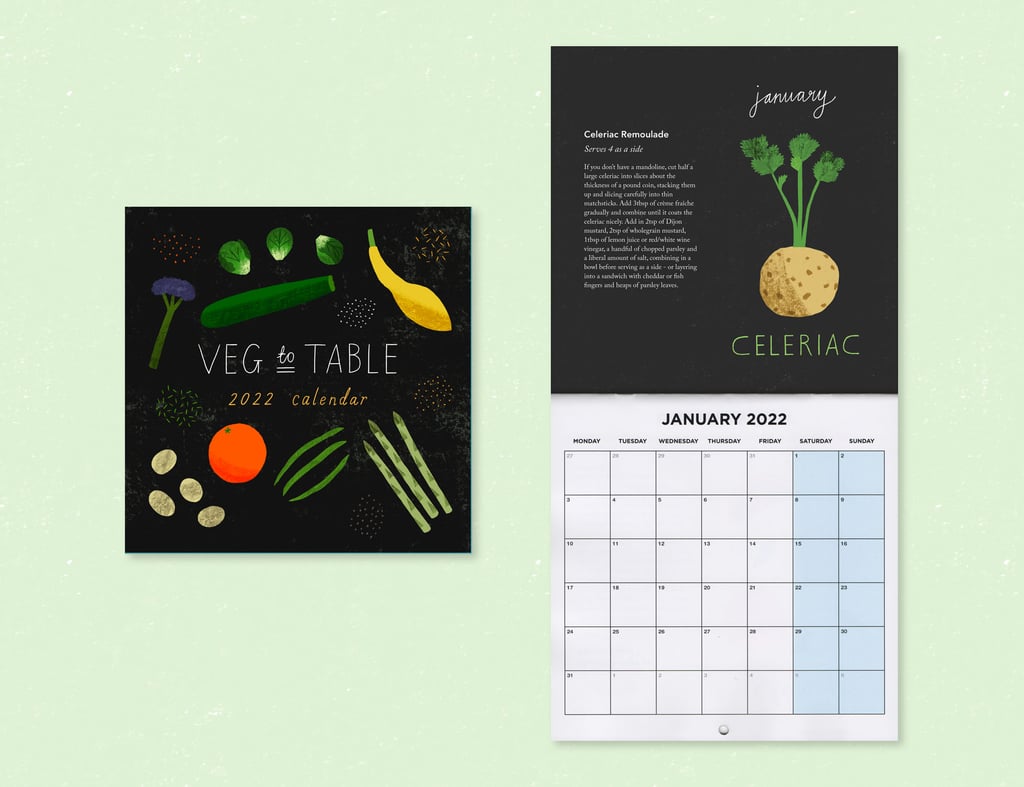 A seasonal eating calendar flat laid on a light green background.