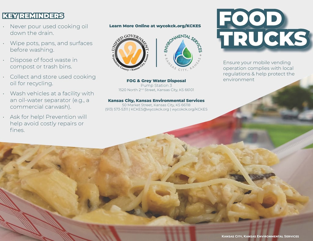 Educational flyer for mobile food vendors explaining proper grease and grey water disposal to protect sewer systems.