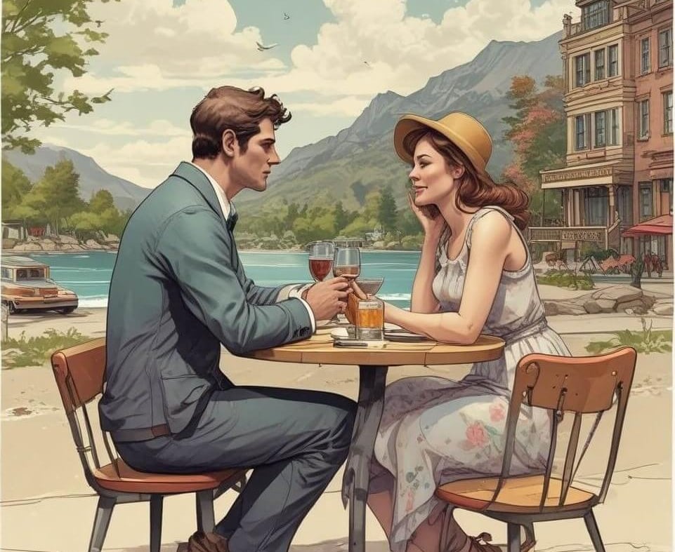  A couple on a date at a cozy table, savoring wine together in a romantic atmosphere. 