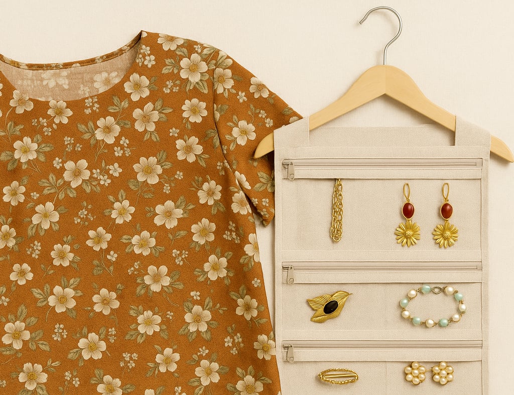 A hanging jewelry organizer with a handmade round neck floral top next to it.