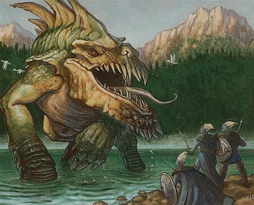 Fantasy illustration of a giant spined monster emerging from a lake to attack elf warriors.