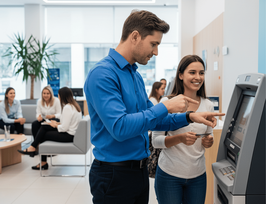 Alt= agencia bancaria homem ajuda mulher surda no caixa eletrônico