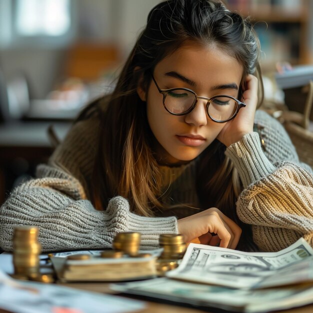jovem cansada de se preocupar com suas finanças.