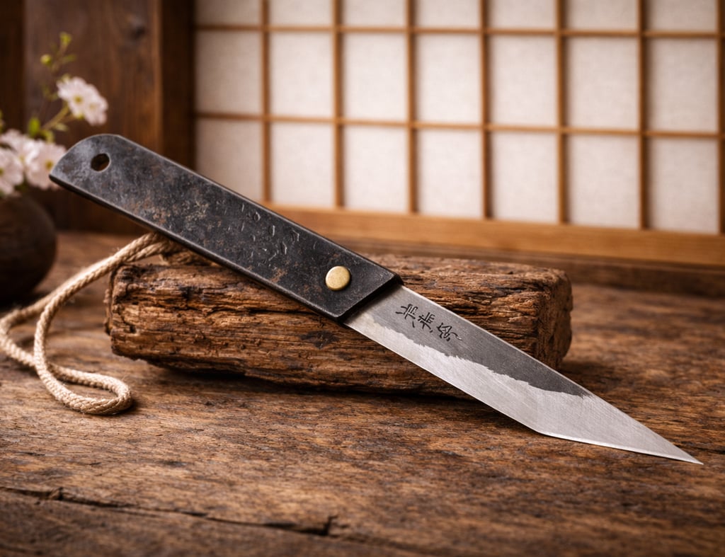 Authentic Japanese kiridashi woodworking knife, hand-forged steel blade with traditional patina, min