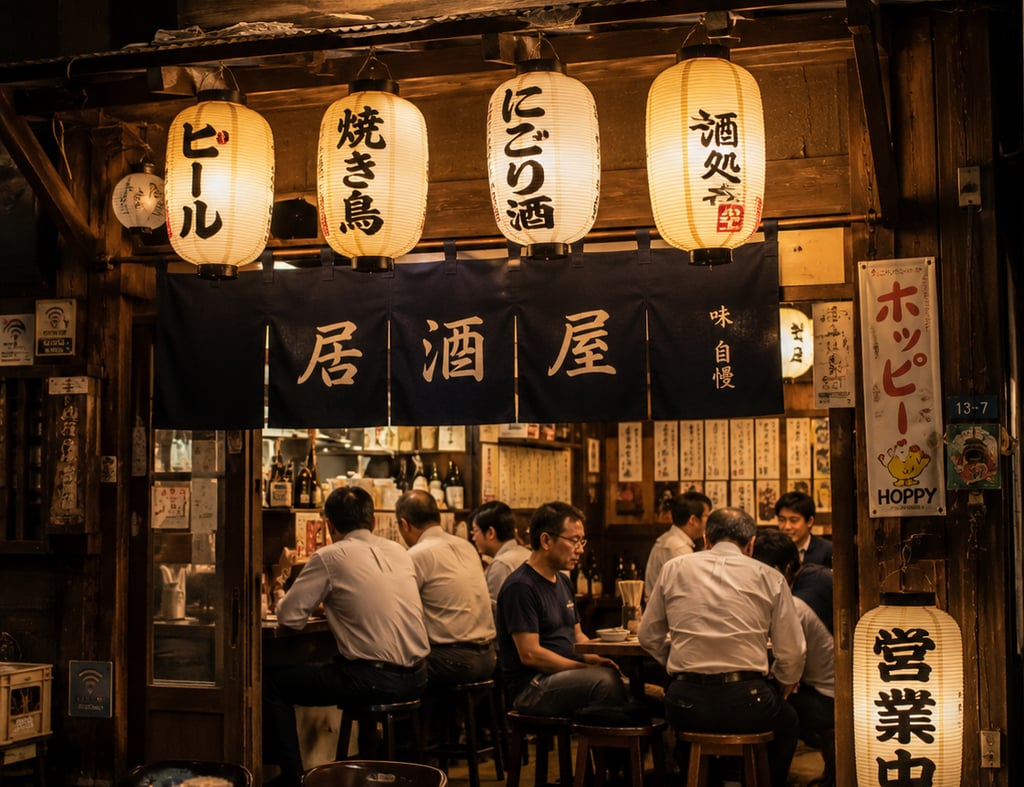 Customers dining inside a traditional Japanese izakaya with glowing lanterns and wooden signage at night.