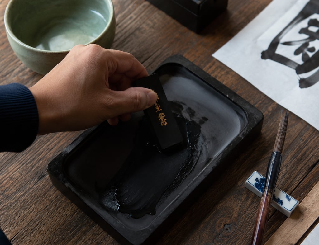 A hand grinds a traditional black ink stick on an inkstone for Chinese calligraphy.