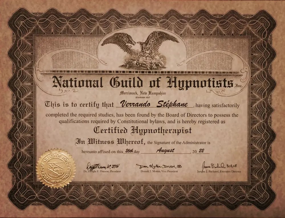 diplome certification d'hypnose NGH de stephane verrando