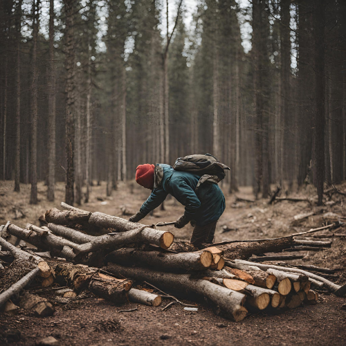 Wilderness hiker stacking logs, bushcraft firewood prep and survival shelter site