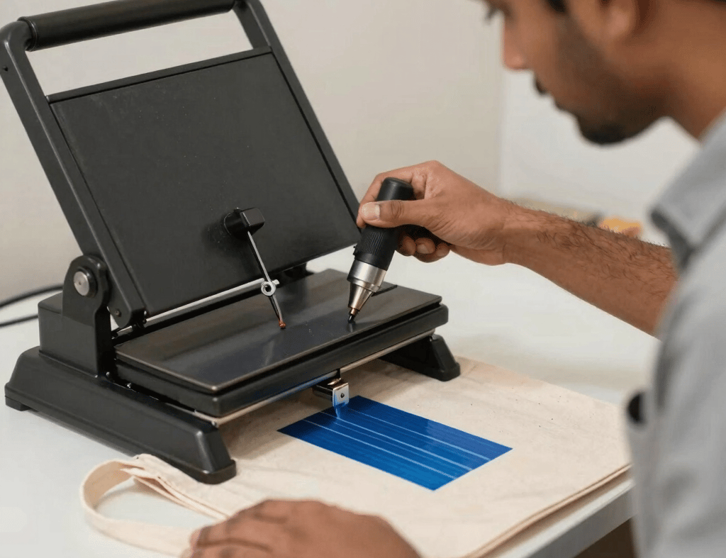 A technician using a screen printing machine to apply a blue design onto a canvas tote bag.