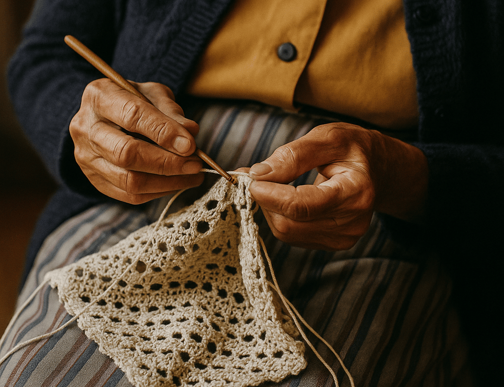  uma mulher fazendo croche, elementos do artesanato tradicional brasileiro,