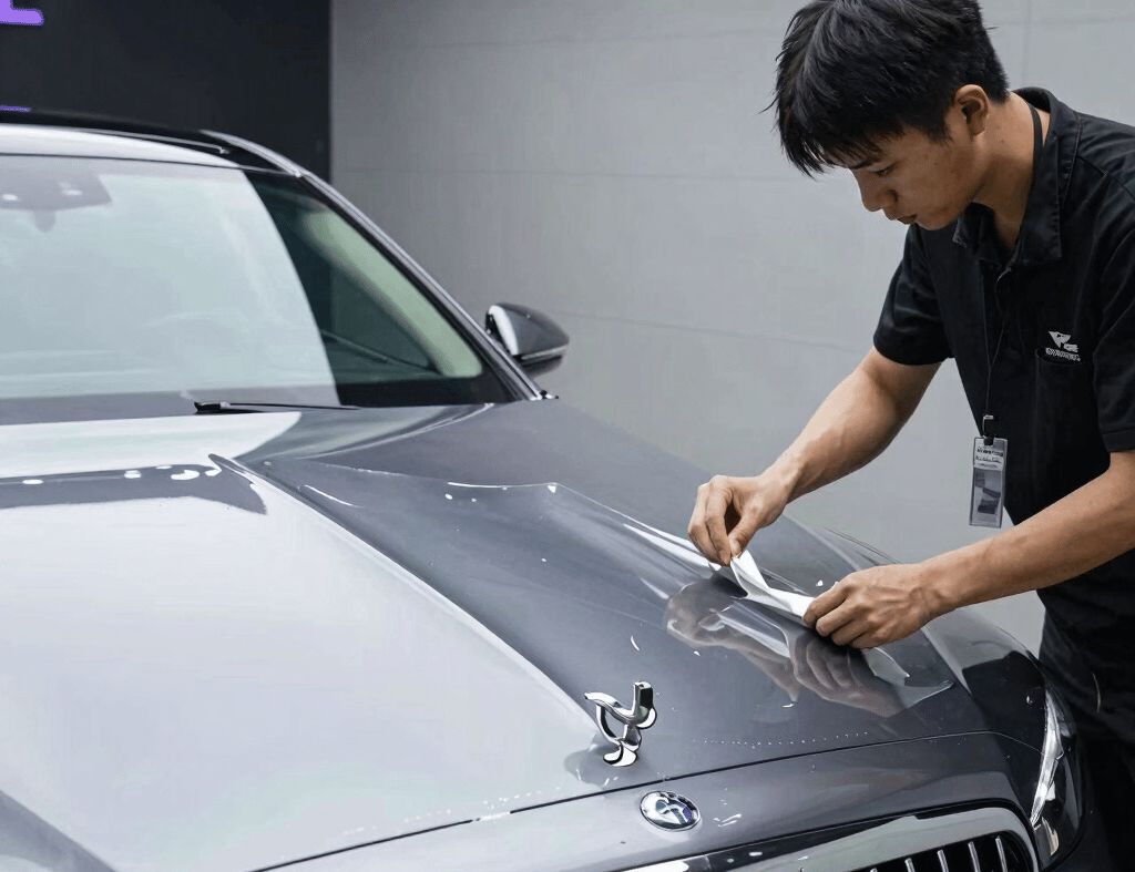 Professional technician applying clear paint protection film to the hood of a luxury grey car.
