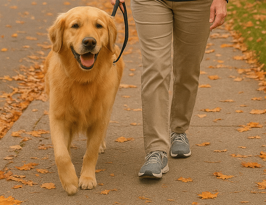 Burlington dog walker giving one-on-one walk on quiet sidewalk | Happy Paws Burlington