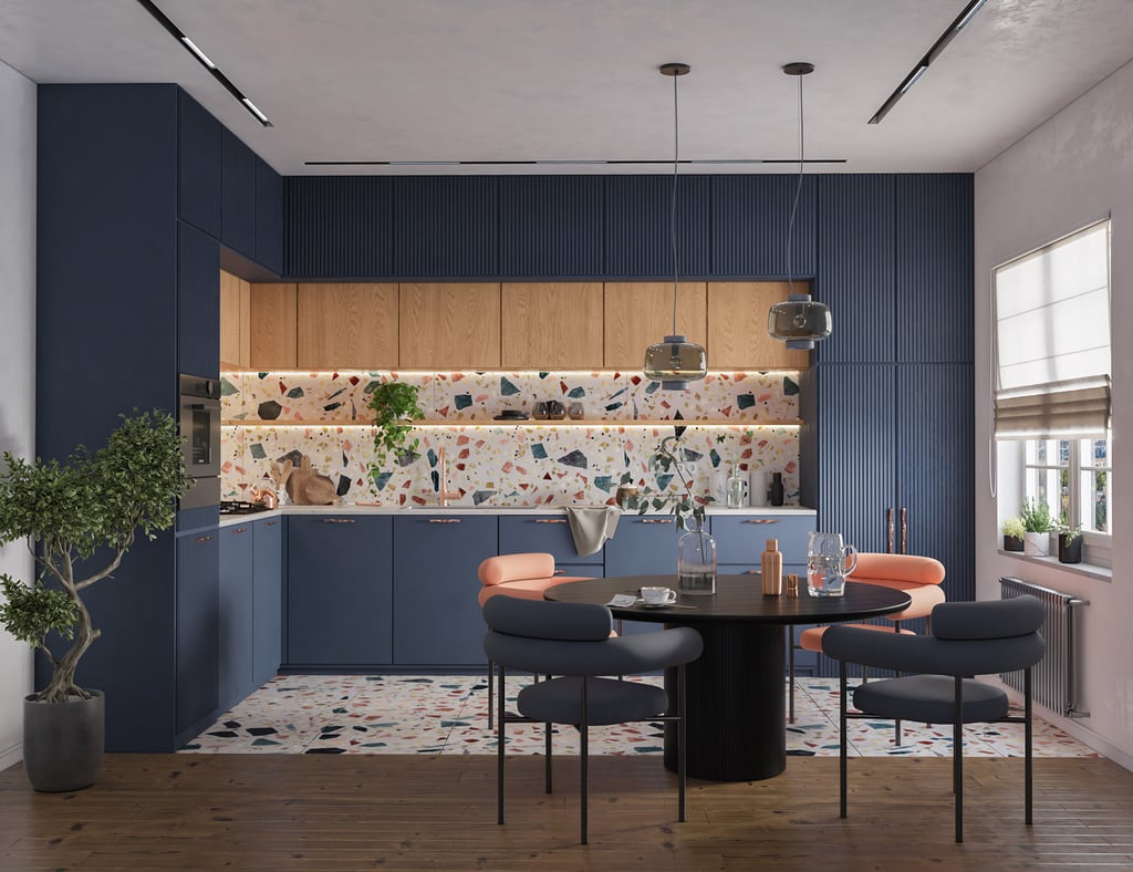 3D rendering of modern kitchen with blue cabinets, wood uppers, terrazzo backsplash, black round table, and large window.