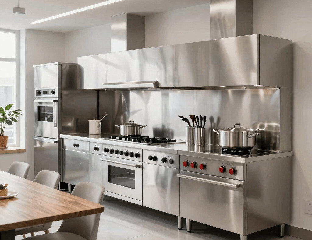 Modern professional kitchen with stainless steel appliances, range stove, and sleek metal cabinetry.
