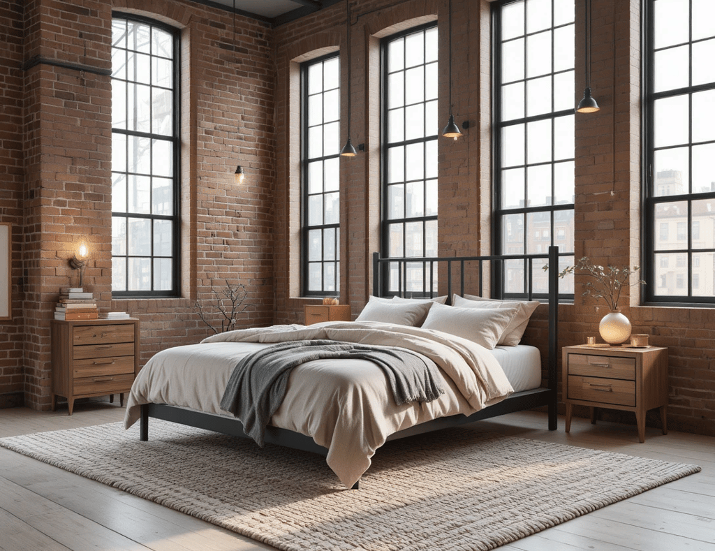 Ideas de dormitorio industrial moderno con pared de ladrillo visto, cama de metal negro y combinació