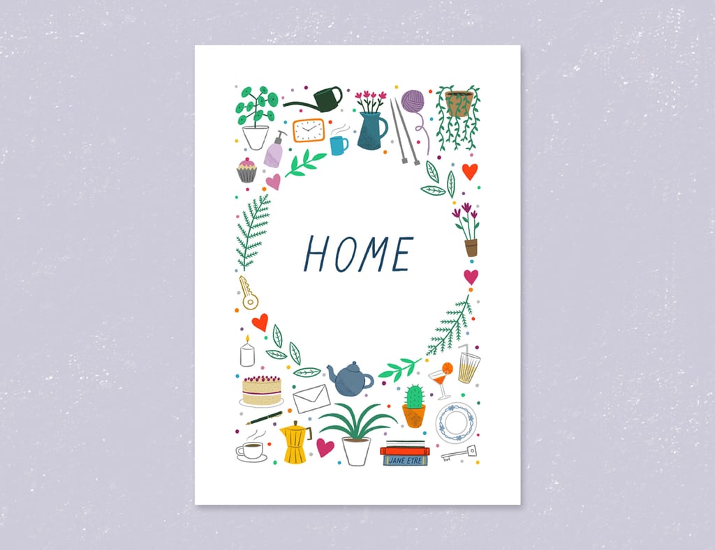 An A4 art print that reads 'home' surrounded by various objects found in a house