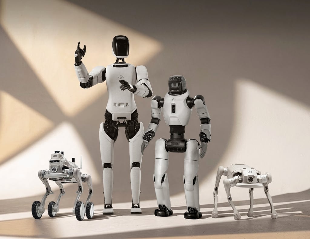 A group of white and black humanoid and quadrupedal robots showcasing advanced AI technology.
