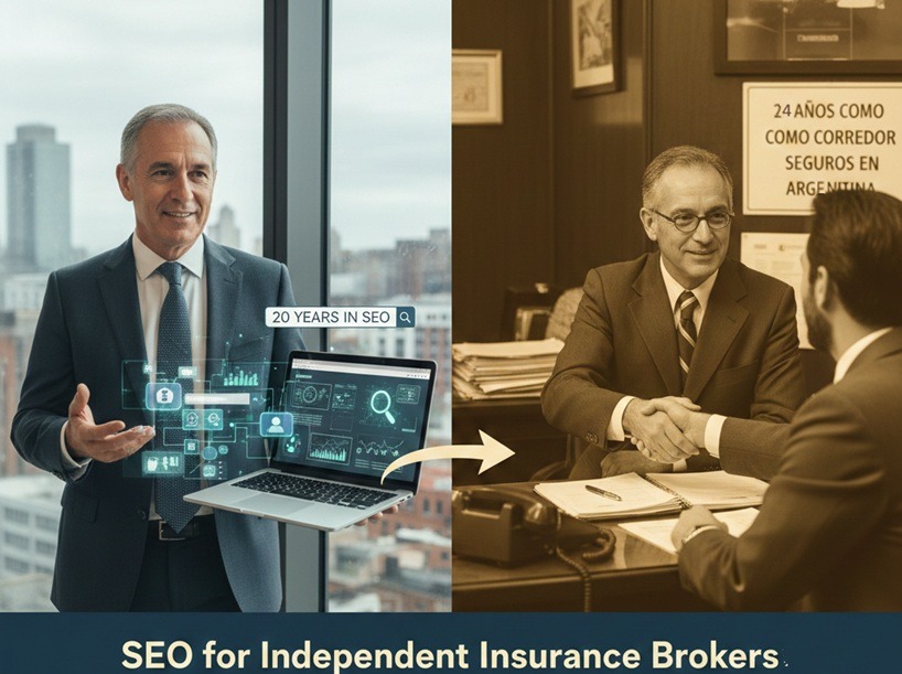 Independent insurance broker reviewing SEO strategy on laptop in Leeds office