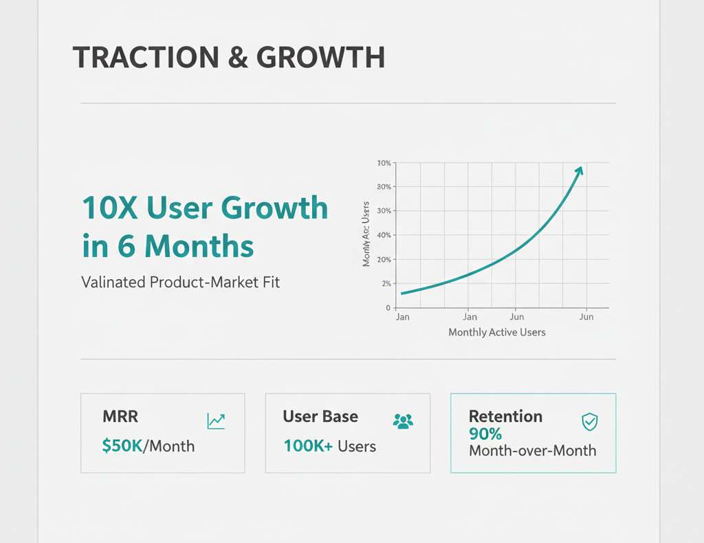 Traction slide example showing startup growth metrics and a simple chart.