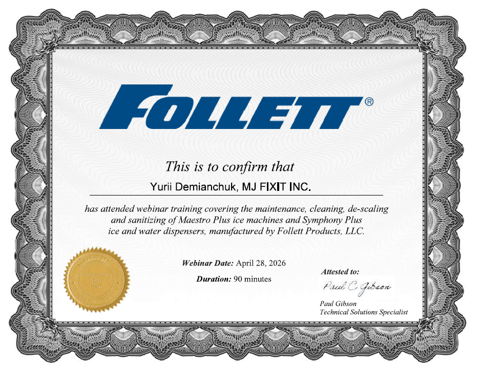 follett symphony dispenser descaling and cleaning certificate
