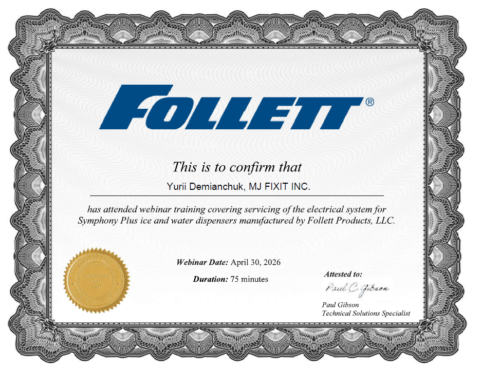 follett symphony dispenser certificate for the electrical systems of the unit