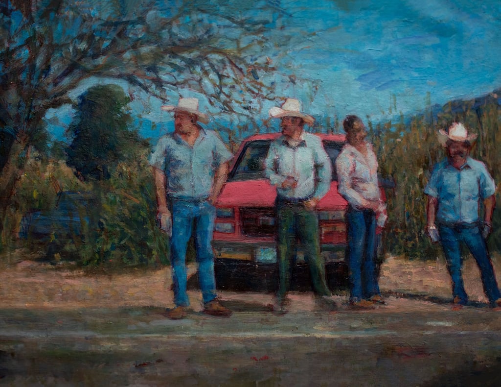 Pintura al óleo de un grupo de rancheros en un entorno rural de méxico frente a una camioneta pickup