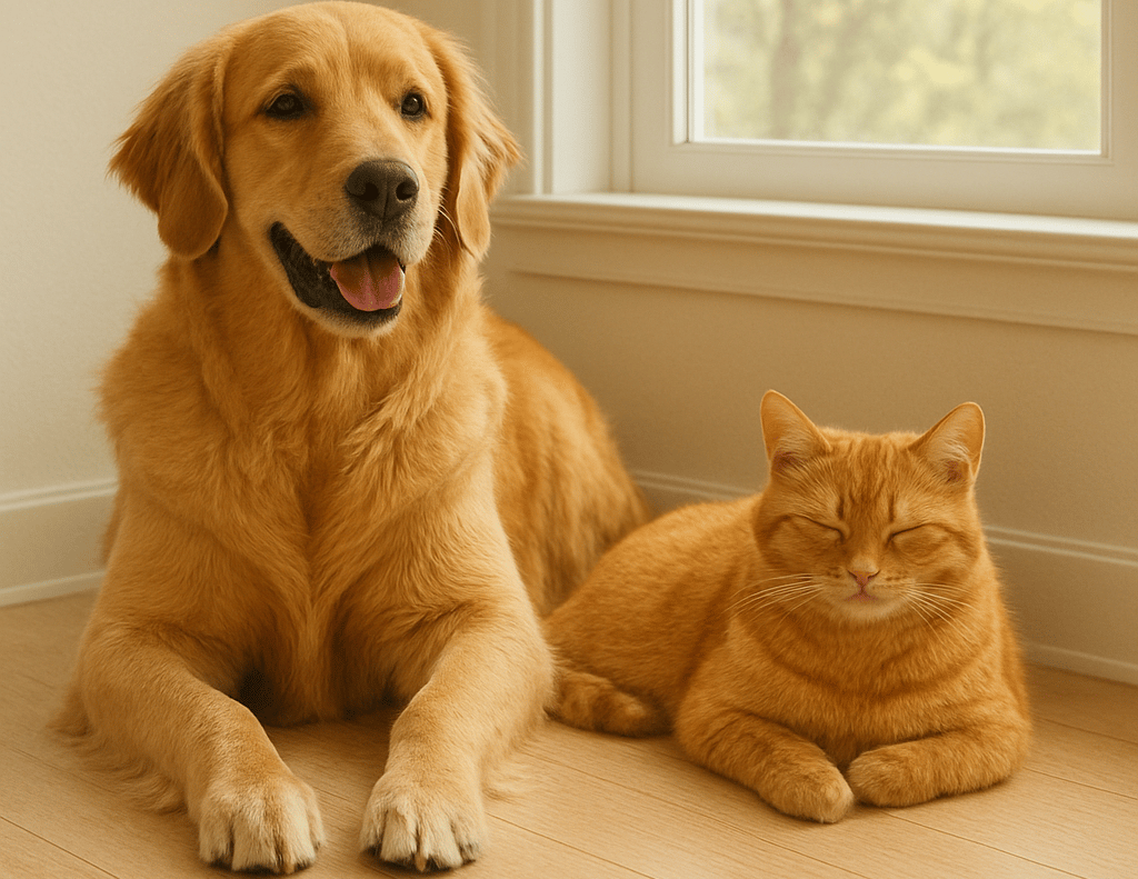Dog and cat resting indoors near a window with blooming plants outside