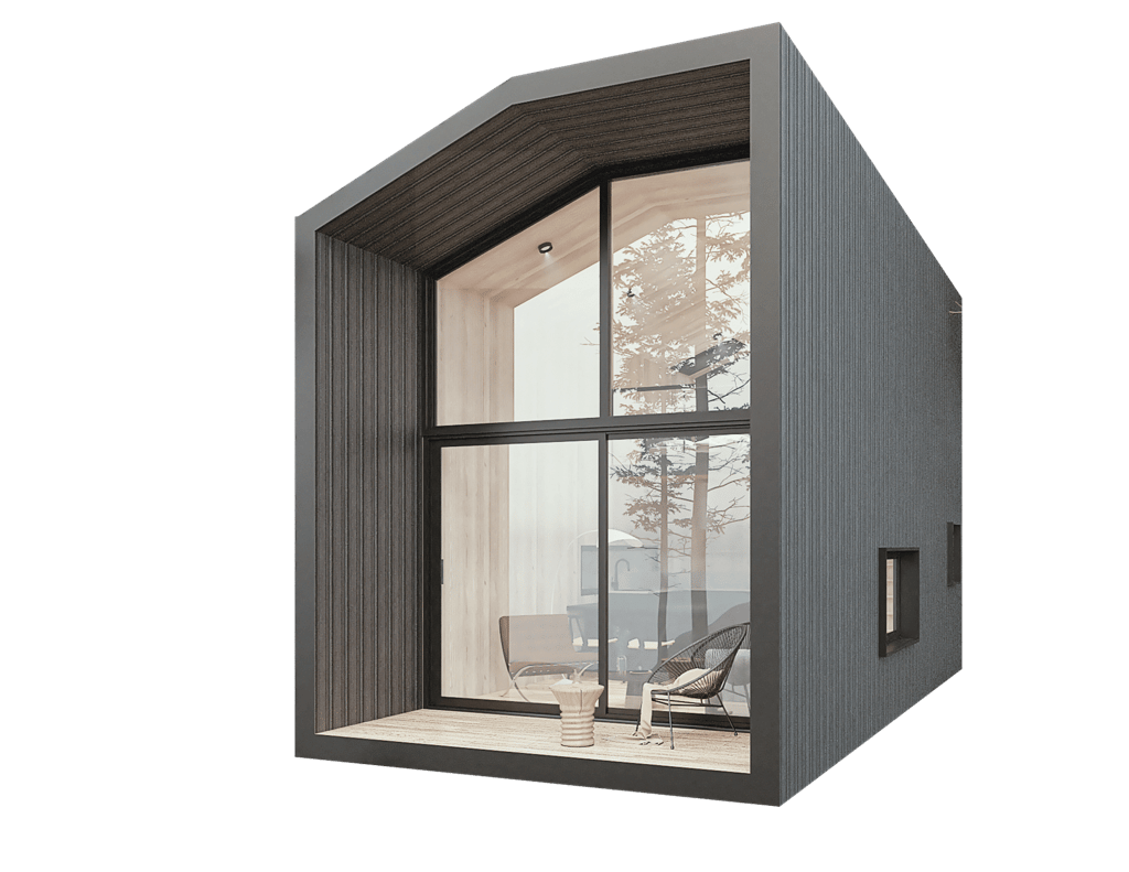 Une petite maison avec une grande fenêtre et un canapé