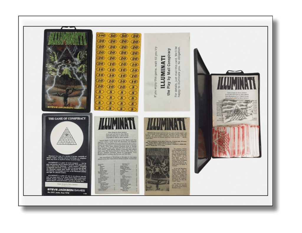 Caixa Pocket Box frente e verso, folha de dinheiro, livro de regras, cartão illuminati e caixa.