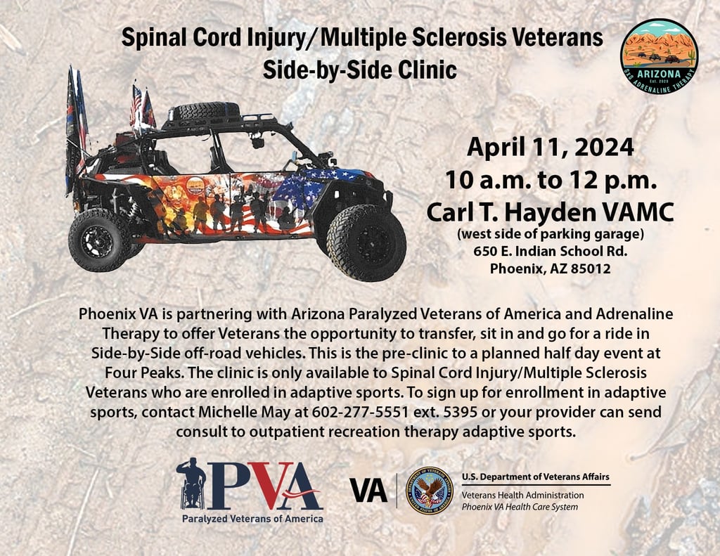 Image is a flyer for the Spinal Cord Injury/Multiple Sclerosis Veterans Side-by-Side Clinic.
