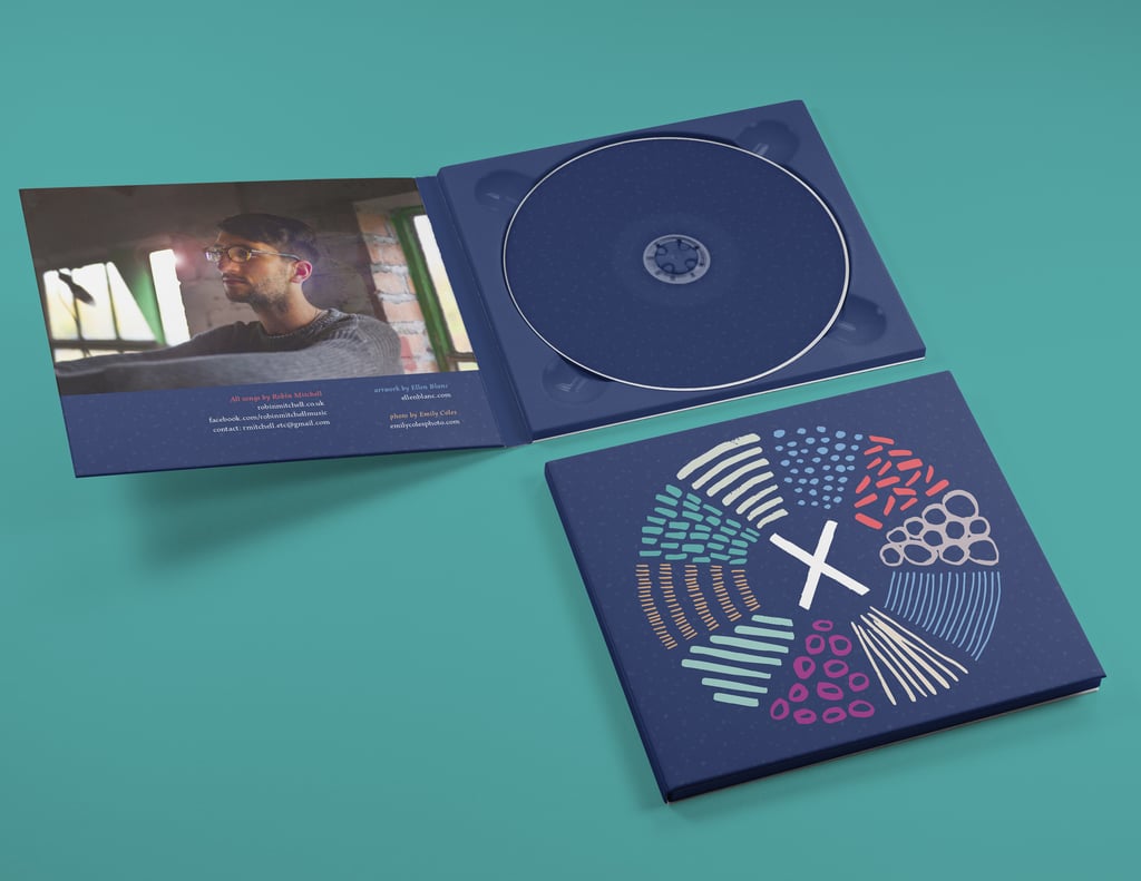 A CD case opened up showing the inside design over a green background.