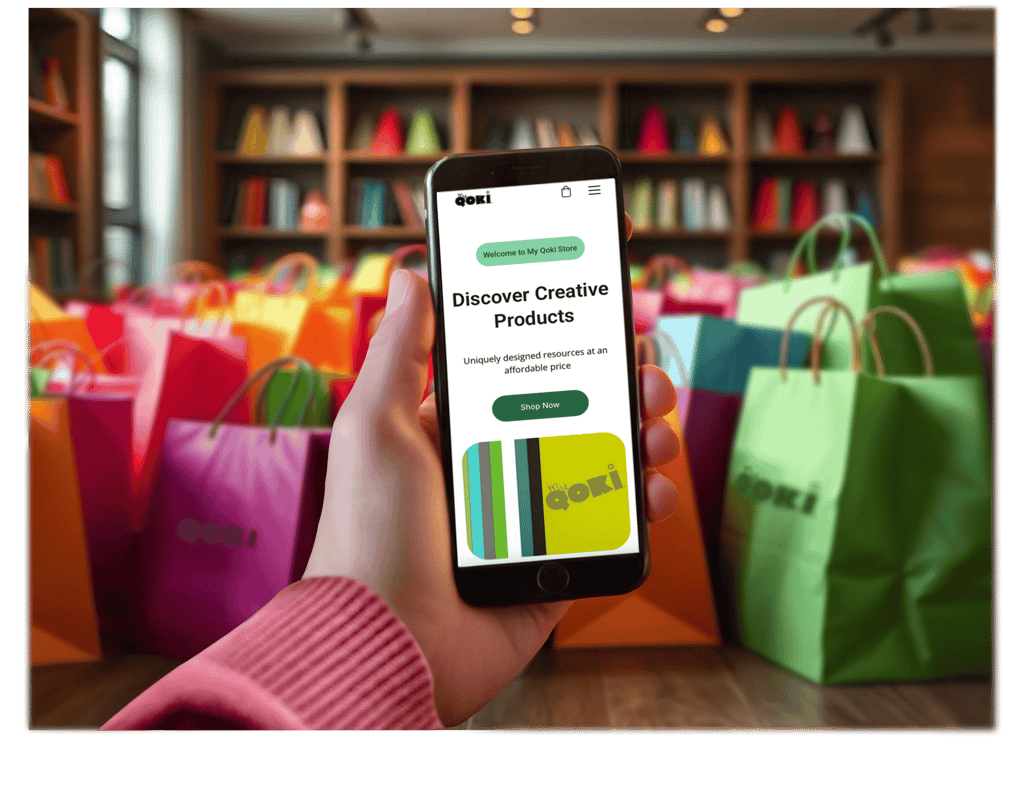 hand holding cell phone in front of shopping bags
