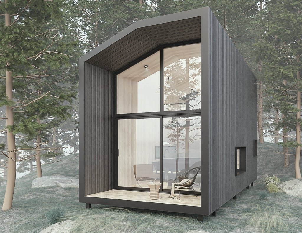 a small house with a large window and a chair