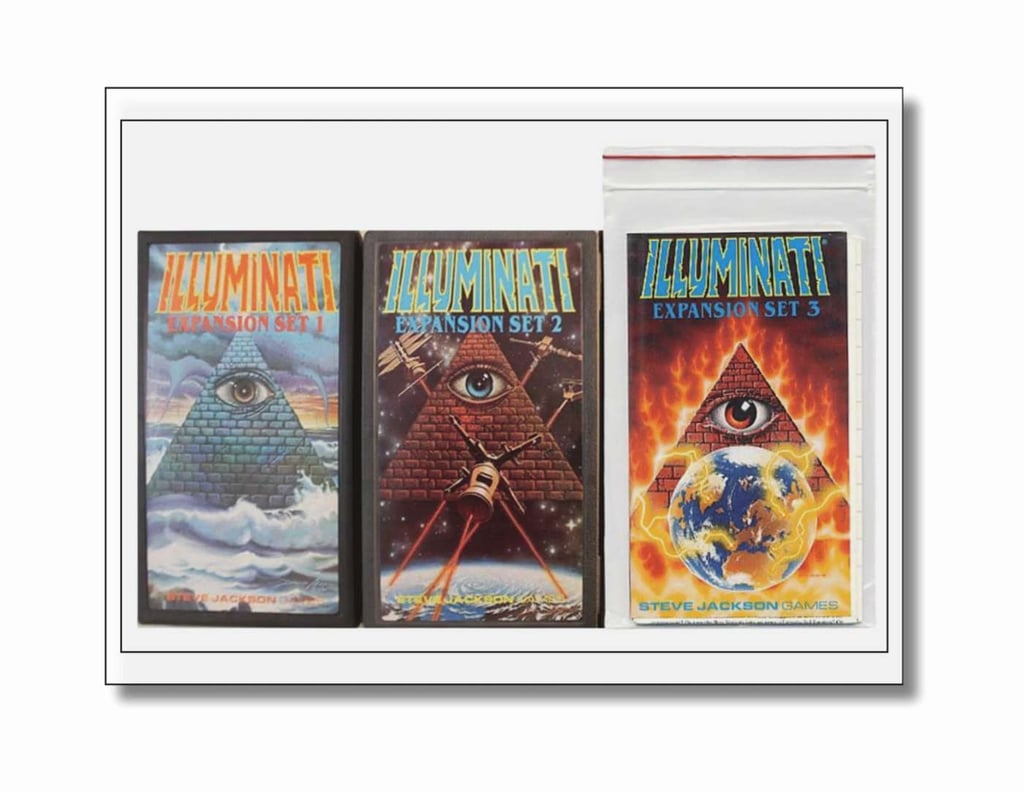 3 expansões do jogo illuminati de 1982 Pocket Box, Set 1, Set 2 Set 3 Brainwash.