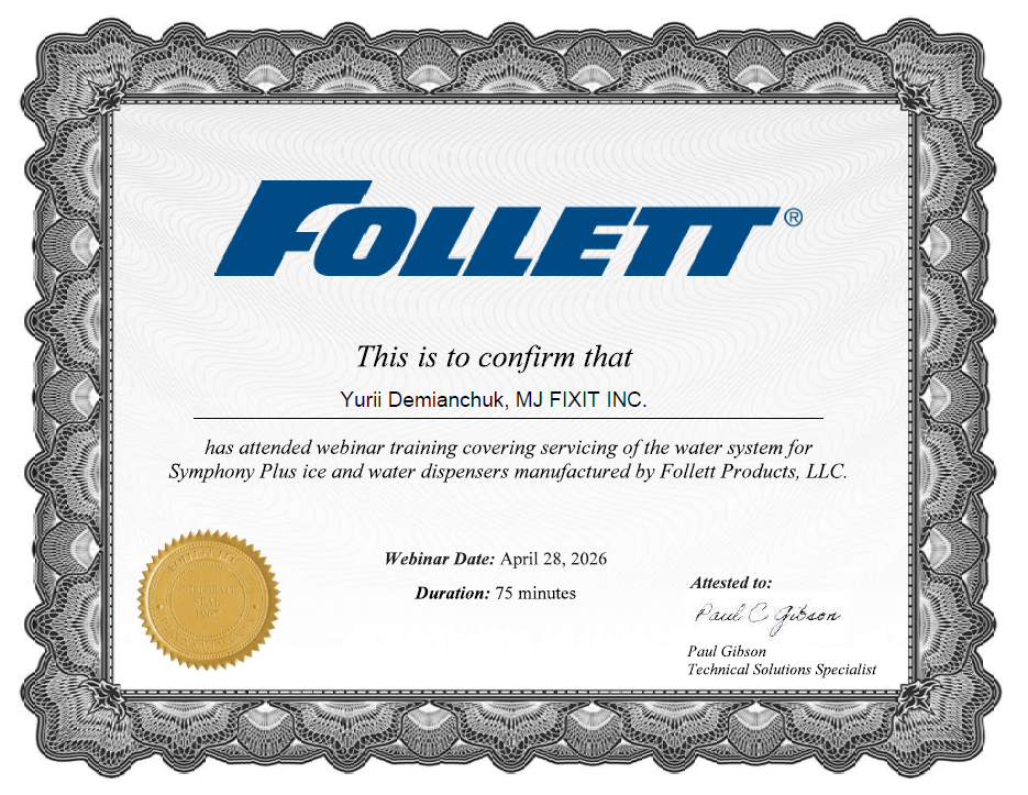 follett dispenser general service certificate