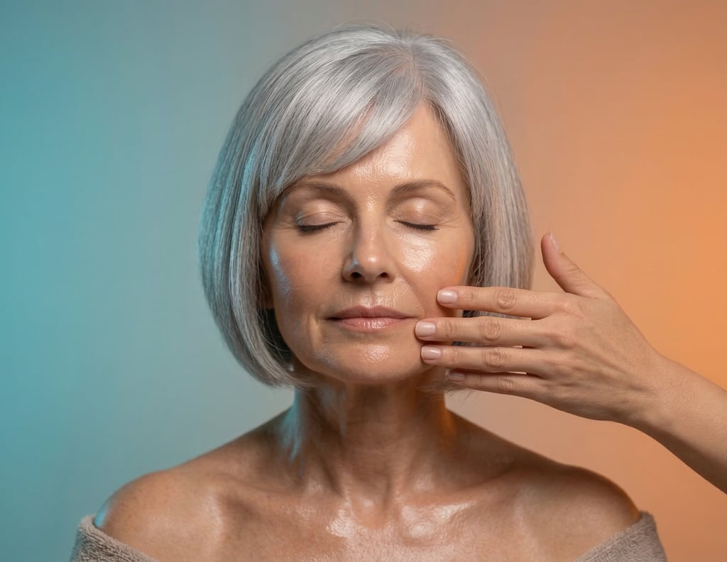 Senior woman with grey hair receiving an anti-aging facial massage and skincare treatment.