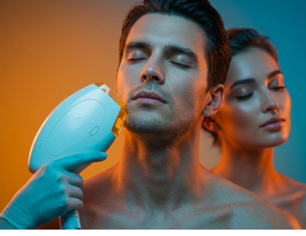 Professional laser hair removal treatment for men and women showing a facial skin care procedure.