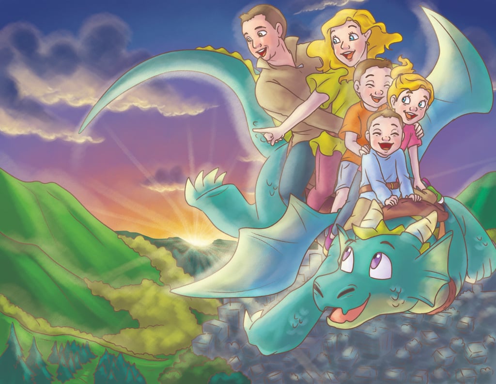 A happy family of five flying on a friendly green dragon over mountains at sunrise in a children's book illustration.