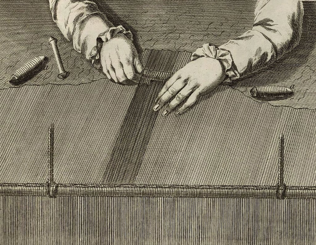 Gravure, tapisserie de haute-lisse des Gobelins. Encyclopédie D. Diderot et J. d'Alembert