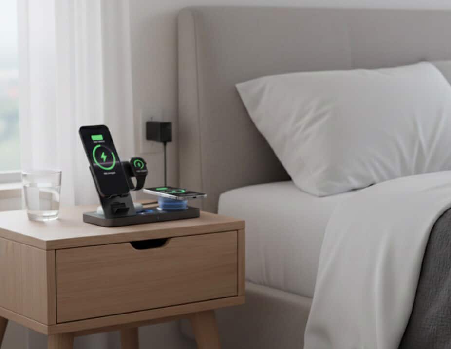 Wireless charging station on a bedside table powering a phone and smartwatch overnight