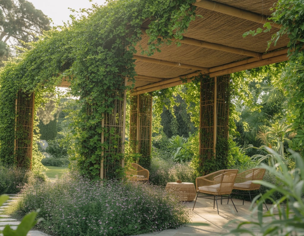 Rustic garden pergola covered in lush green vines with woven patio furniture in a sunny landscape.