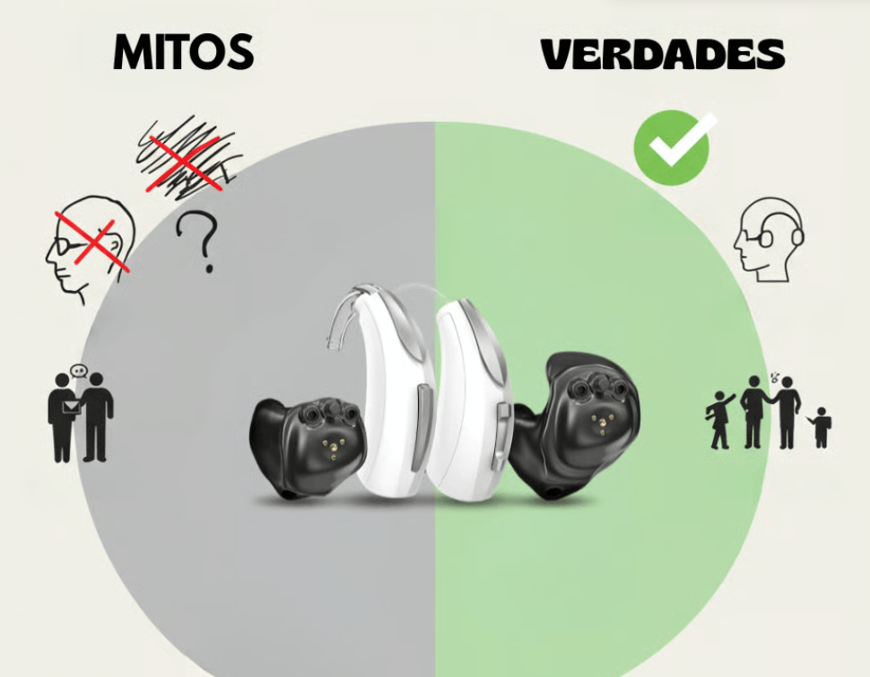 Mitos e verdades sobre aparelhos auditivos modernos ilustrados com ícones e dispositivos