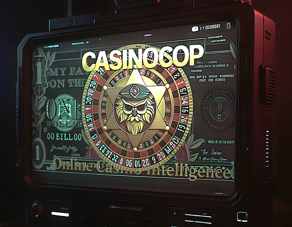Casino bonus money, CasinoCop owl-sheriff mascot on a roulette wheel over a dollar note, gold emblem