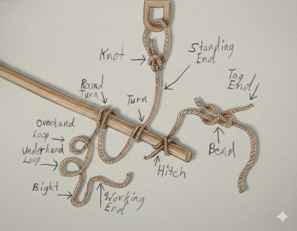 Diagram illustrating knot terminology including the standing part, bight, and working end for electr