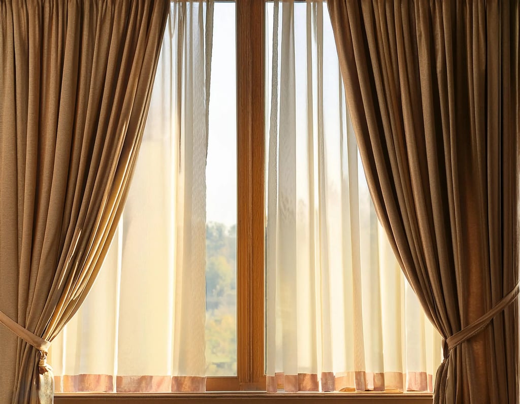 Rideaux retenus par des embrases devant une fenêtre à voilage blanc