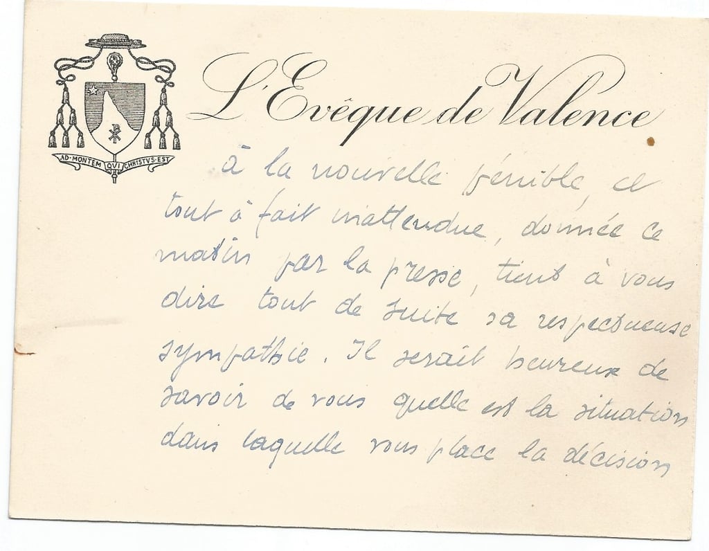 courrier de l'eveque de valence camille pic à marcel lanquetin prefet revoqué 18 sept 1940