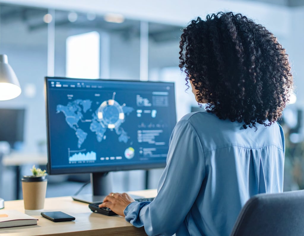 Business Change and AI—professional woman reviewing templates and tutorials on a laptop