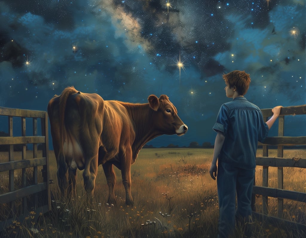 Farmer's lad opening gate for Jersey cow under a starlit sky.