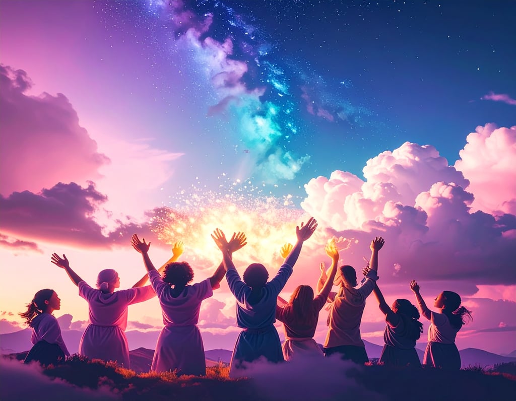 a group of people standing on a hill with their hands up in the air
