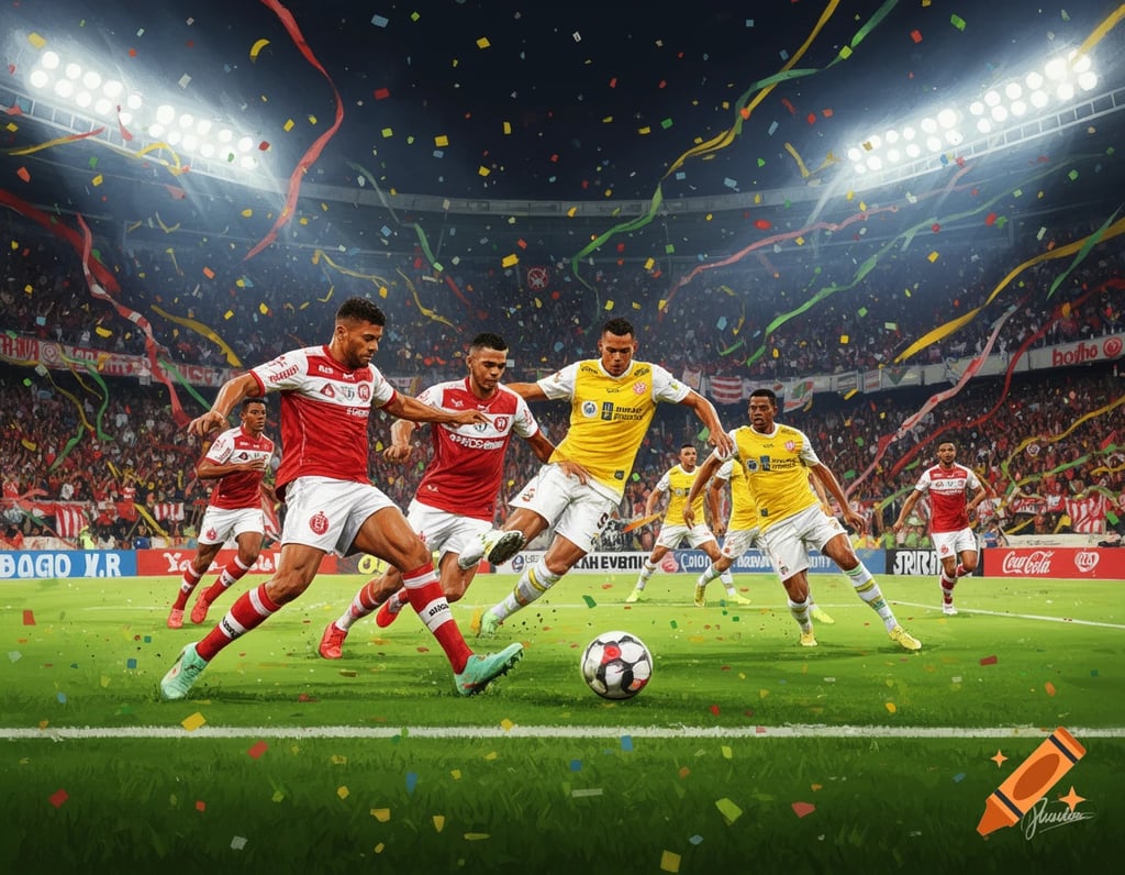 Partida de futebol do Brasileirão com jogadores em ação em estádio lotado. Cobertura Futebol no Mundo.